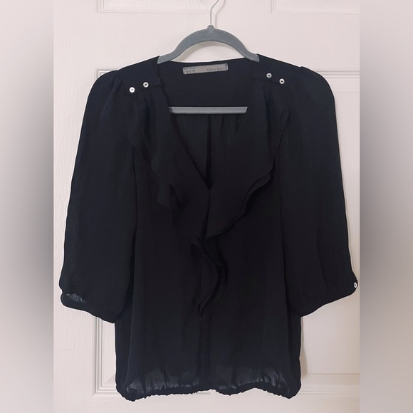 Zara Black Ruffled 3/4 Length Blouse XS - Picture 1 of 3